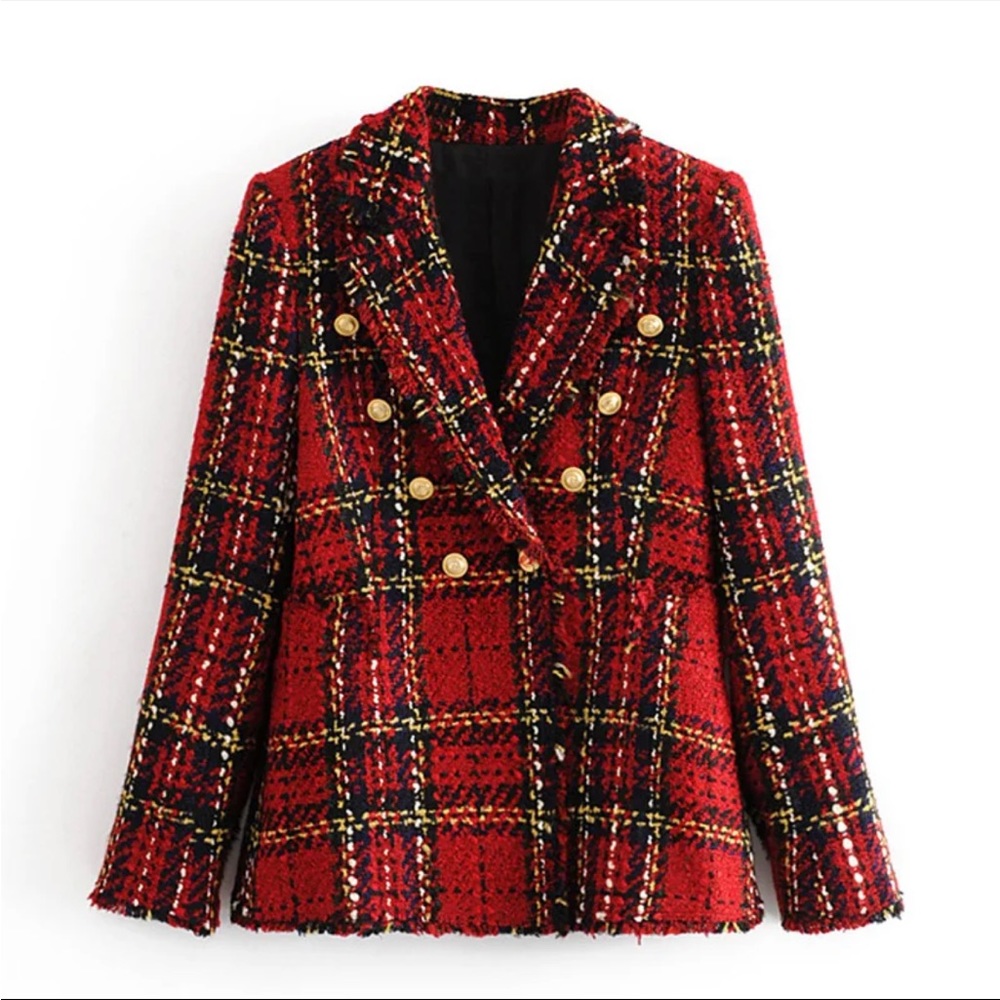Plaid tartan double breasted tweed blazer coat jacket small new